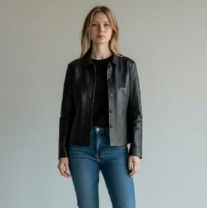 Black Leather Button Up Jacket, Size 44